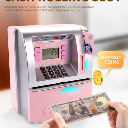 Kids Electronic ATM Savings Bank - Digital Piggy Bank with Password, Auto Roll-in Banknotes & Coin Slot for Financial Learning Fun(black).