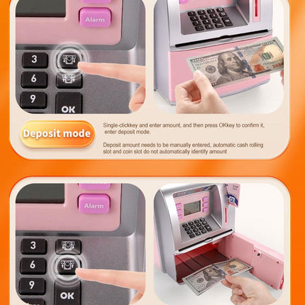 Kids Electronic ATM Savings Bank - Digital Piggy Bank with Password, Auto Roll-in Banknotes & Coin Slot for Financial Learning Fun(black).