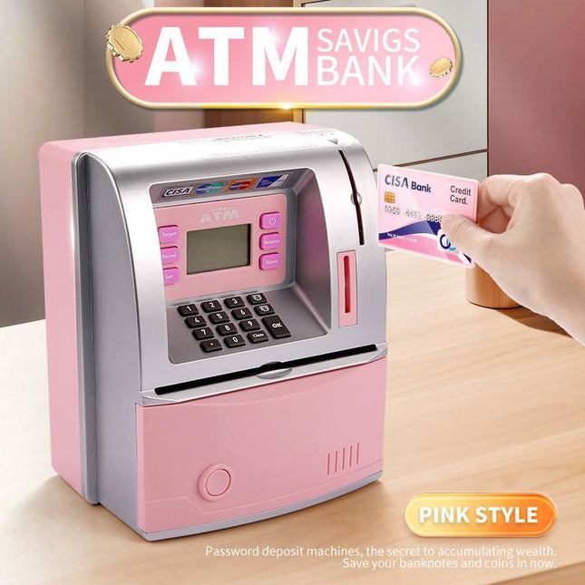 Kids Electronic ATM Savings Bank - Digital Piggy Bank with Password, Auto Roll-in Banknotes & Coin Slot for Financial Learning Fun(pink).