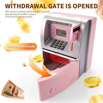 Kids Electronic ATM Savings Bank - Digital Piggy Bank with Password, Auto Roll-in Banknotes & Coin Slot for Financial Learning Fun(pink).