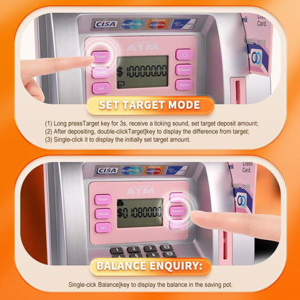 Kids Electronic ATM Savings Bank - Digital Piggy Bank with Password, Auto Roll-in Banknotes & Coin Slot for Financial Learning Fun(pink).