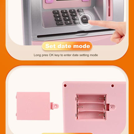Kids Electronic ATM Savings Bank - Digital Piggy Bank with Password, Auto Roll-in Banknotes & Coin Slot for Financial Learning Fun(pink).