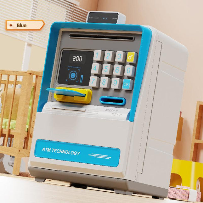 Kids Electronic ATM Piggy Bank with Simulated Facial Recognition & Password - Auto Roll-in Banknote & Coin Money Box for Financial Learning(blue).