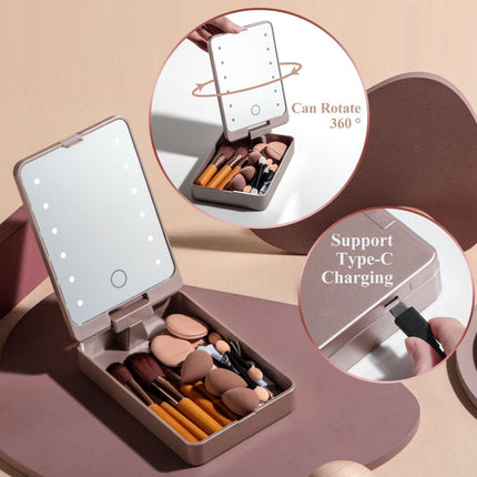 All-in-One Portable Makeup Brush Kit with LED Mirror Travel Case, Sponges & Applicators(pink).