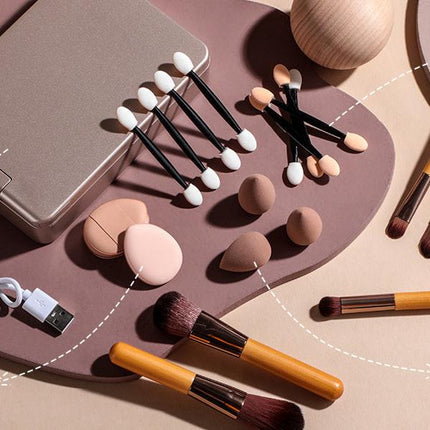 All-in-One Portable Makeup Brush Kit with LED Mirror Travel Case, Sponges & Applicators(pink).