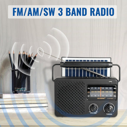 Portable Solar Powered 3-Band AM/FM/SW Radio with Bluetooth Speaker & Multiple Charging Options(black).