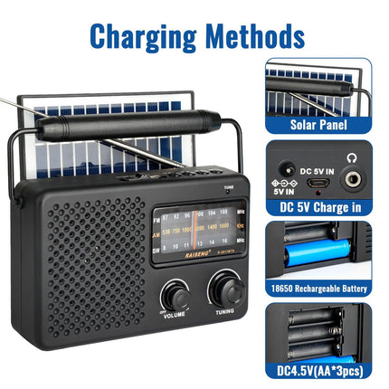 Portable Solar Powered 3-Band AM/FM/SW Radio with Bluetooth Speaker & Multiple Charging Options(black).