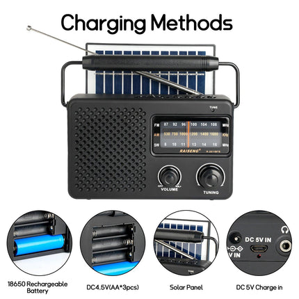 Portable Solar Powered 3-Band AM/FM/SW Radio with Bluetooth Speaker & Multiple Charging Options(black).