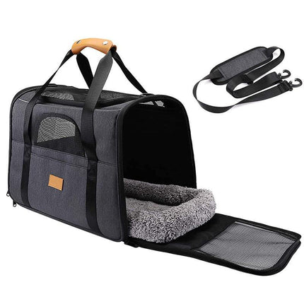 Foldable Soft-Sided Pet Carrier for Travel - Fits Cats & Small Dogs Under 6kg, with Removable Plush Bed & Shoulder Strap(grey).