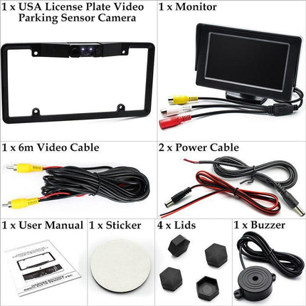 3-in-1 Car Reversing Camera & Parking Sensor System with Monitor - License Plate Frame Mount, Waterproof & Night Vision(black).