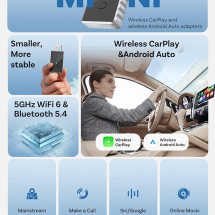 Mini 2-in-1 Wireless CarPlay & Android Auto Adapter - 5GHz WiFi 6, Bluetooth 5.4, Plug & Play Dongle(black).