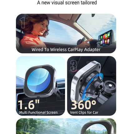 Wireless CarPlay Adapter with 1.6" Multi-Functional Screen, Car Diffuser & 360 Vent Clip(silver).
