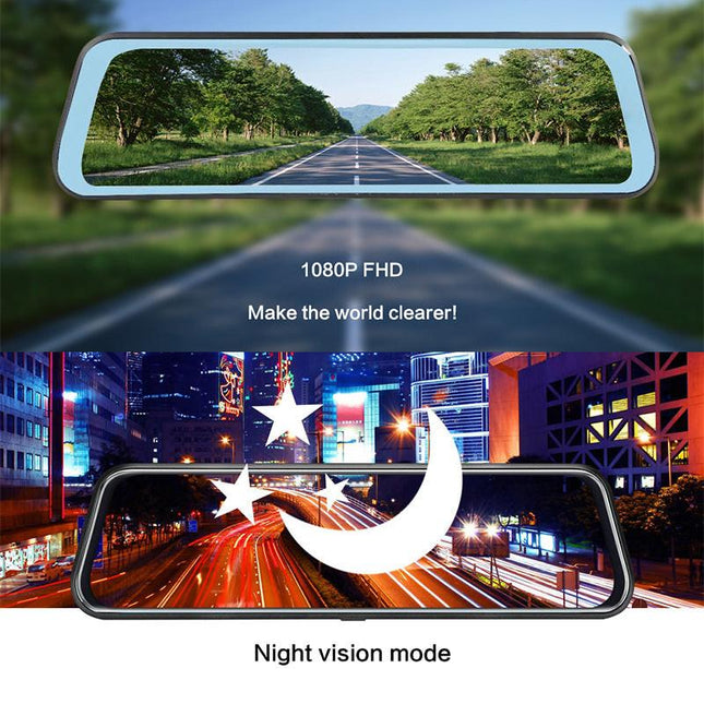 10-Inch Dual Lens Dash Cam Mirror - 1080P FHD Touch Screen Car DVR with Rear Camera, Night Vision & G-Sensor(black).