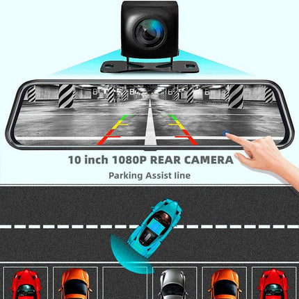 10-Inch Dual Lens Dash Cam Mirror - 1080P FHD Touch Screen Car DVR with Rear Camera, Night Vision & G-Sensor(black).