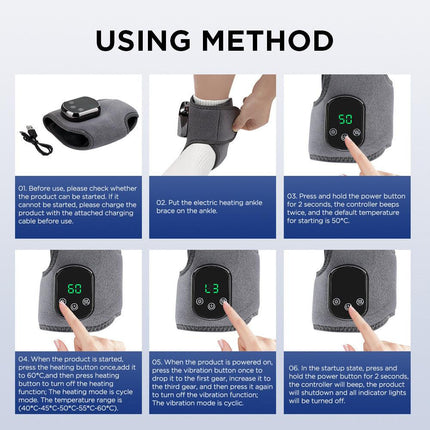 Rechargeable Electric Heating Ankle Brace with Vibration Massage - 5 Heat Levels & 3 Massage Modes(Grey).