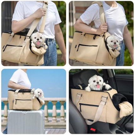 Versatile Pet Carrier Tote Bag for Small Dogs & Cats - Waterproof, Car Seat Function & Adjustable Safety Exit(Khaki).
