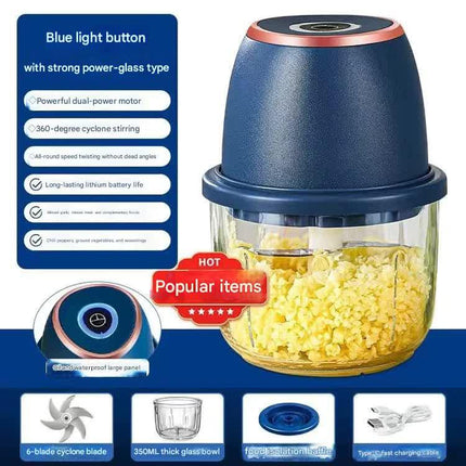 Electric Mini Garlic Chopper with Glass Bowl - USB Rechargeable, 6 Blades, Large Capacity(blue).