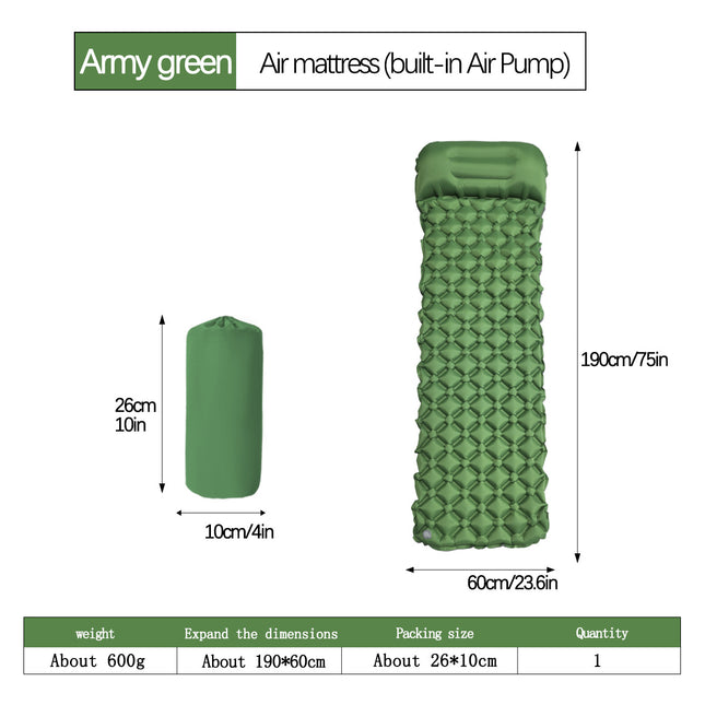 2pc Ultralight Inflatable Camping Sleeping Mat with Integrated Pillow - Waterproof 40D Nylon TPU(Army Green).