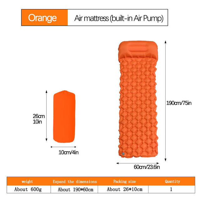 2pc Ultralight Inflatable Camping Sleeping Mat with Integrated Pillow - Waterproof 40D Nylon TPU(Orange).