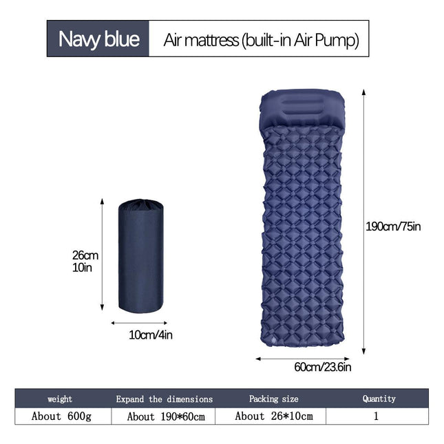 2pc Ultralight Inflatable Camping Sleeping Mat with Integrated Pillow - Waterproof 40D Nylon TPU(Navy Blue).