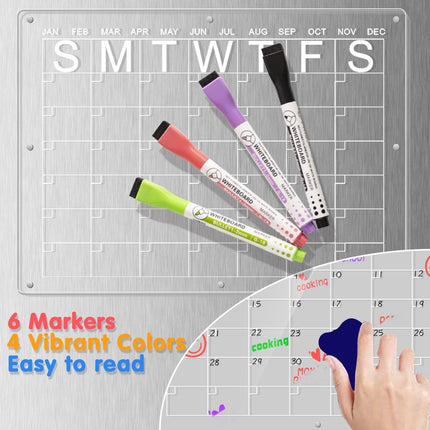 Magnetic Acrylic Fridge Calendar & Memo Board Set - Dry Erase Planner with Markers & Eraser(43*30cm 3mm).