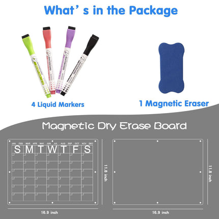 Magnetic Acrylic Fridge Calendar & Memo Board Set - Dry Erase Planner with Markers & Eraser(43*30cm 3mm).