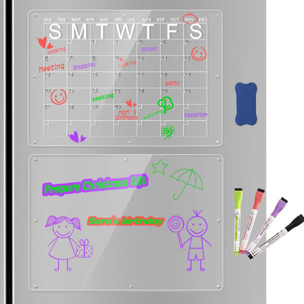Magnetic Acrylic Fridge Calendar & Memo Board Set - Dry Erase Planner with Markers & Eraser(43*30cm 3mm).