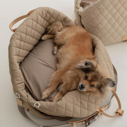 Luxury Quilted 2-in-1 Pet Travel Carrier & Car Booster Seat for Small Dogs(beige).