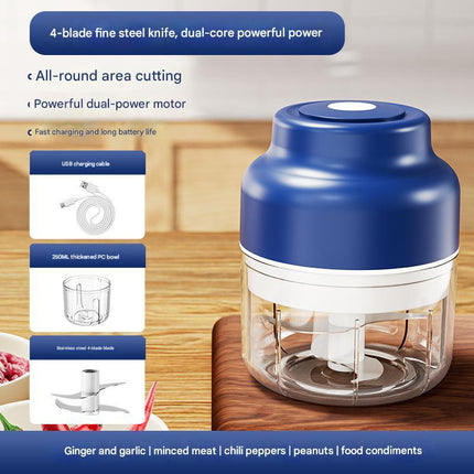Powerful Mini Electric Food Chopper - USB Rechargeable Cordless Garlic & Meat Mincer(Blue 250ml + 4-blade knife).