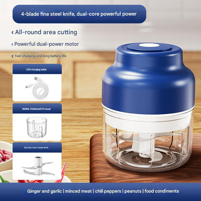 Powerful Mini Electric Food Chopper - USB Rechargeable Cordless Garlic & Meat Mincer(Blue 250ml + 4-blade knife).