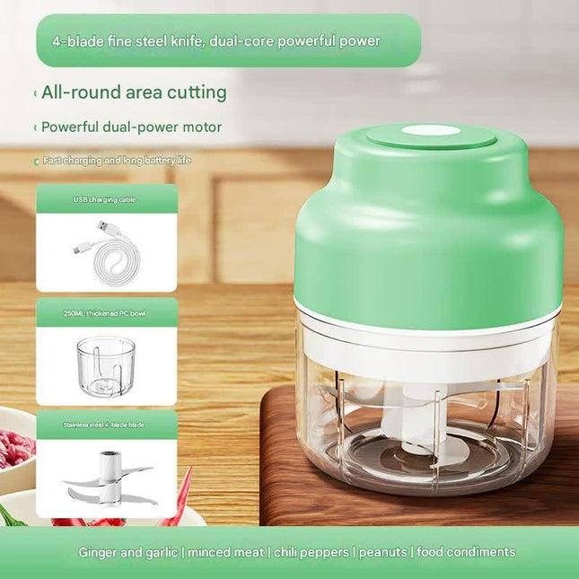 Powerful Mini Electric Food Chopper - USB Rechargeable Cordless Garlic & Meat Mincer(green 250ml + 4-blade knife).