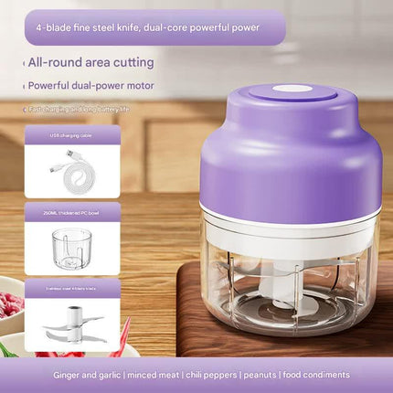 Powerful Mini Electric Food Chopper - USB Rechargeable Cordless Garlic & Meat Mincer(purple 250ml + 4-blade knife).