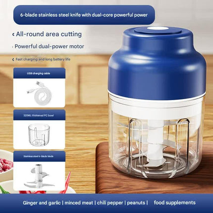 Powerful Mini Electric Food Chopper - USB Rechargeable Cordless Garlic & Meat Mincer(Blue 320ml + 6-blade knife).