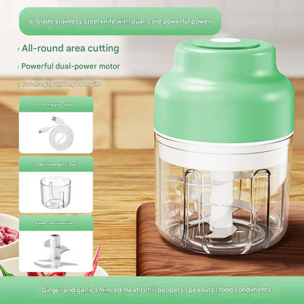 Powerful Mini Electric Food Chopper - USB Rechargeable Cordless Garlic & Meat Mincer(green 320ml + 6-blade knife).