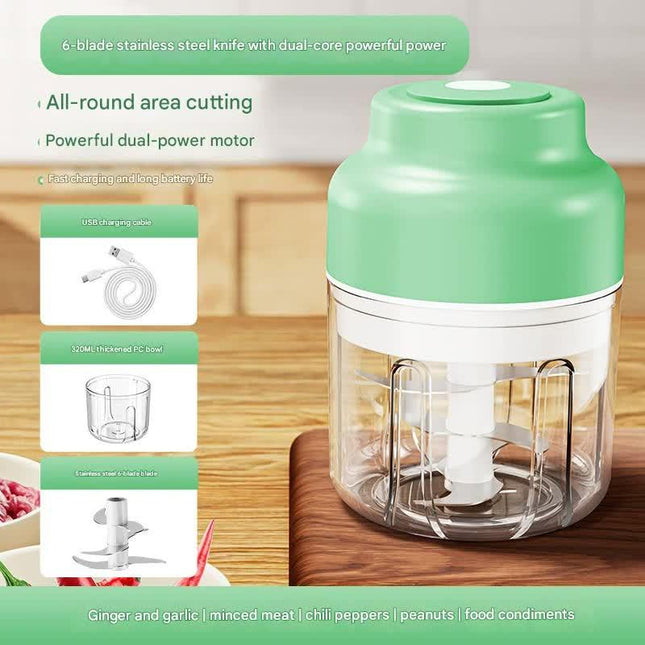 Powerful Mini Electric Food Chopper - USB Rechargeable Cordless Garlic & Meat Mincer(green 320ml + 6-blade knife).