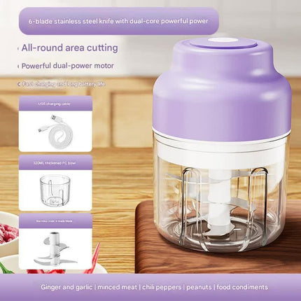 Powerful Mini Electric Food Chopper - USB Rechargeable Cordless Garlic & Meat Mincer(purple 320ml + 6-blade knife).