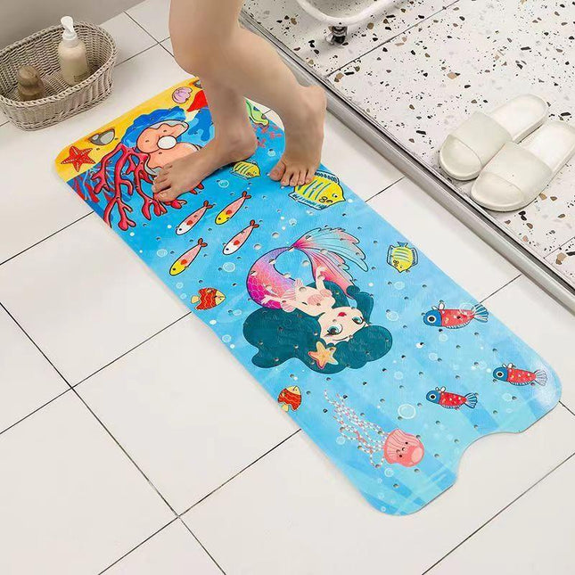 Non-Slip PVC Bath & Shower Mat with Suction Cups and Drainage Holes - Cartoon Ocean Theme(Dark-haired Mermaid).