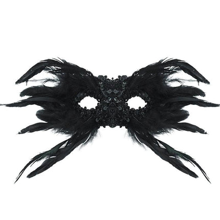 Black Mysterious Gothic Feather Masquerade Mask - Black Angel Wing Venetian Party Costume.