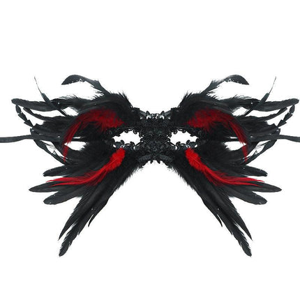 Red and Black Mysterious Gothic Feather Masquerade Mask - Black Angel Wing Venetian Party Costume.