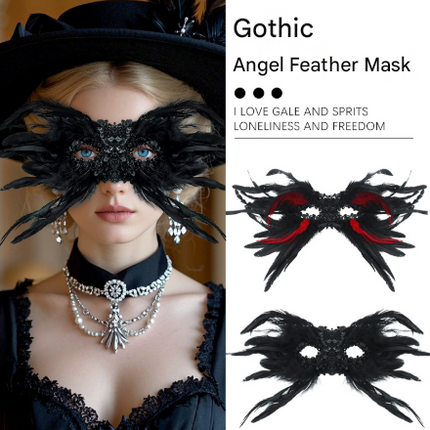 Red and Black Mysterious Gothic Feather Masquerade Mask - Black Angel Wing Venetian Party Costume.