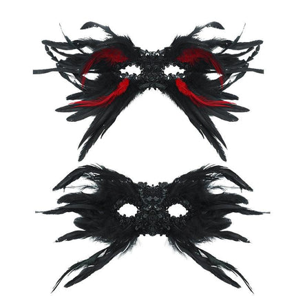 Red and Black Mysterious Gothic Feather Masquerade Mask - Black Angel Wing Venetian Party Costume.