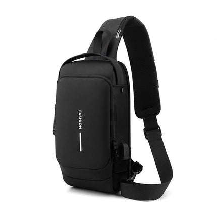 Black Men's Anti-Theft Crossbody Sling Bag with USB Charging Port & Combination Lock.