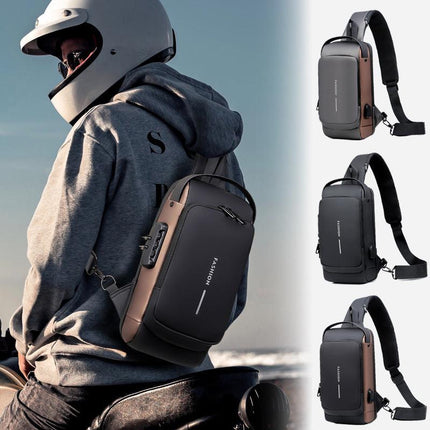 Black Men's Anti-Theft Crossbody Sling Bag with USB Charging Port & Combination Lock.
