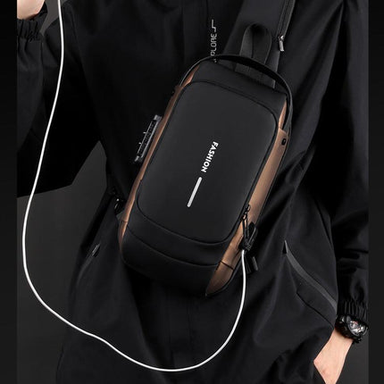Black Men's Anti-Theft Crossbody Sling Bag with USB Charging Port & Combination Lock.