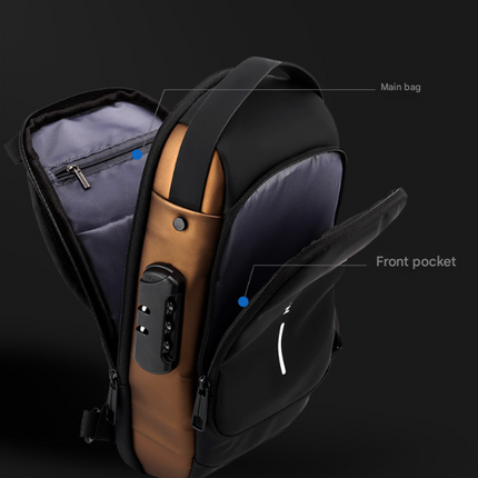 Black Men's Anti-Theft Crossbody Sling Bag with USB Charging Port & Combination Lock.
