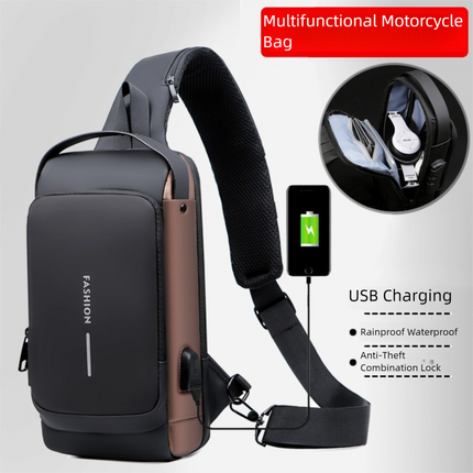 Black and Brown Men's Anti-Theft Crossbody Sling Bag with USB Charging Port & Combination Lock.