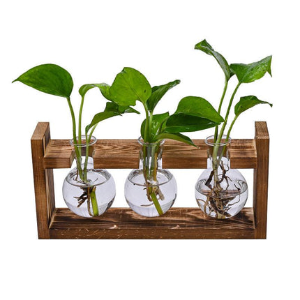 Brown Desktop Plant Propagation Station - Rustic Wooden Stand with 3 Glass Bulb Vases for Hydroponics & Cuttings.