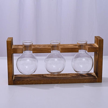 Brown Desktop Plant Propagation Station - Rustic Wooden Stand with 3 Glass Bulb Vases for Hydroponics & Cuttings.