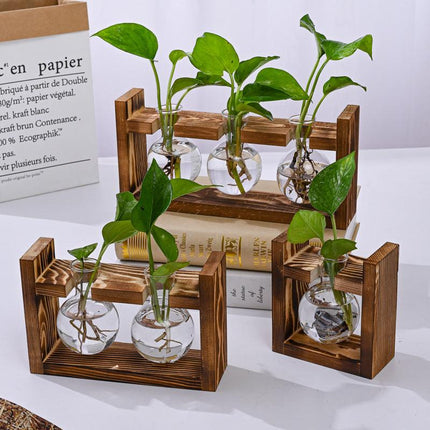 Brown Desktop Plant Propagation Station - Rustic Wooden Stand with 3 Glass Bulb Vases for Hydroponics & Cuttings.