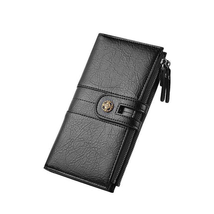 Black Men's Vintage PU Leather Long Wallet - High Capacity Dual Zipper Clutch with Phone & Card Slots.